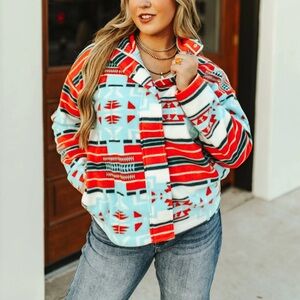 BLUE B Aztec Soft Cozy Zip-Up Jacket - Orange & Aqua nwt in poly